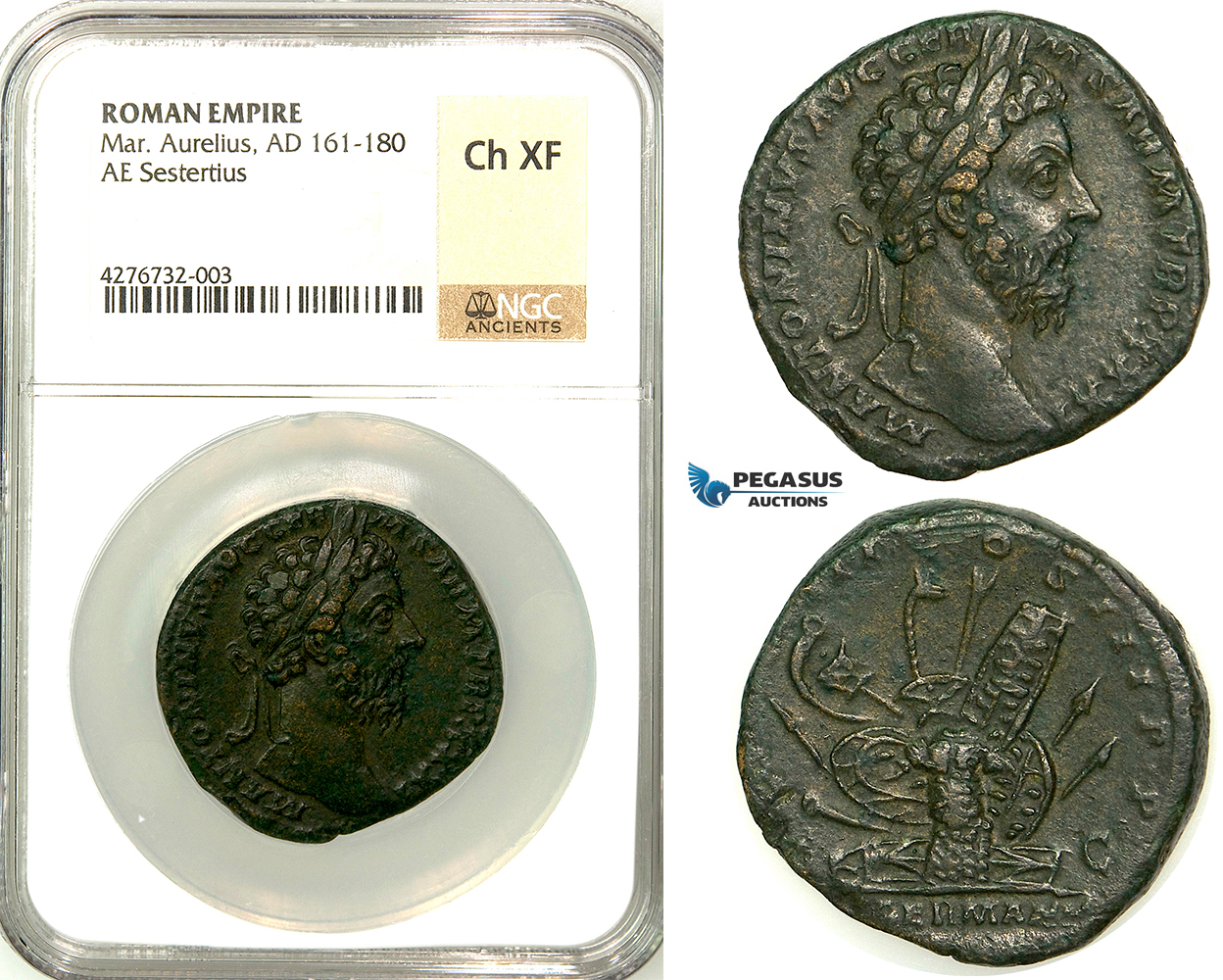 Z13, Roman Empire, Marcus Aurelius (161-180 AD) Æ Sestertius (21.22g) Rome, 176/177 AD, Sarmatian Arms, NGC Ch XF