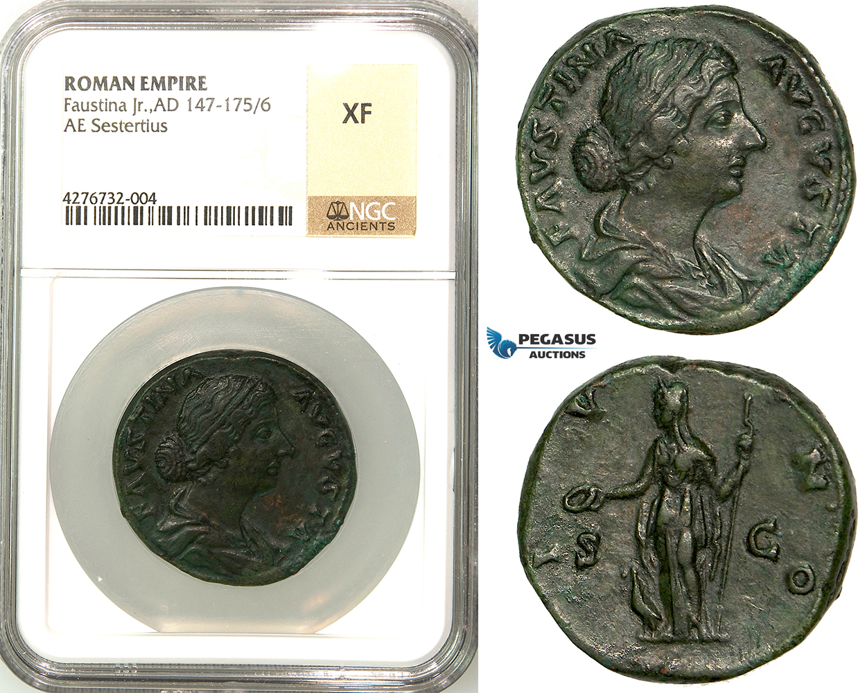 Z14, Roman Empire, Marcus Aurelius (161-180 AD) for Faustina Jr., Æ Sestertius (23.67g) Rome, Juno, NGC XF