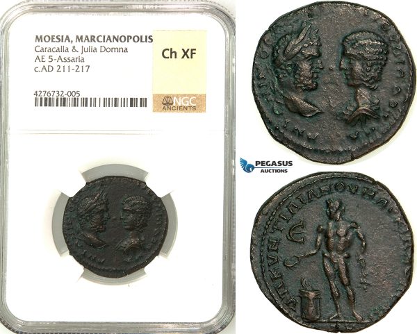 Z15, Roman Provincial, Moesia Inferior, Marcianopolis, Caracalla (198-217 AD) with Julia Domna, Æ Pentassarion (9.82g) Quintillianus, legatus consularis, 215 AD, Apollo, NGC Ch XF, Rare!