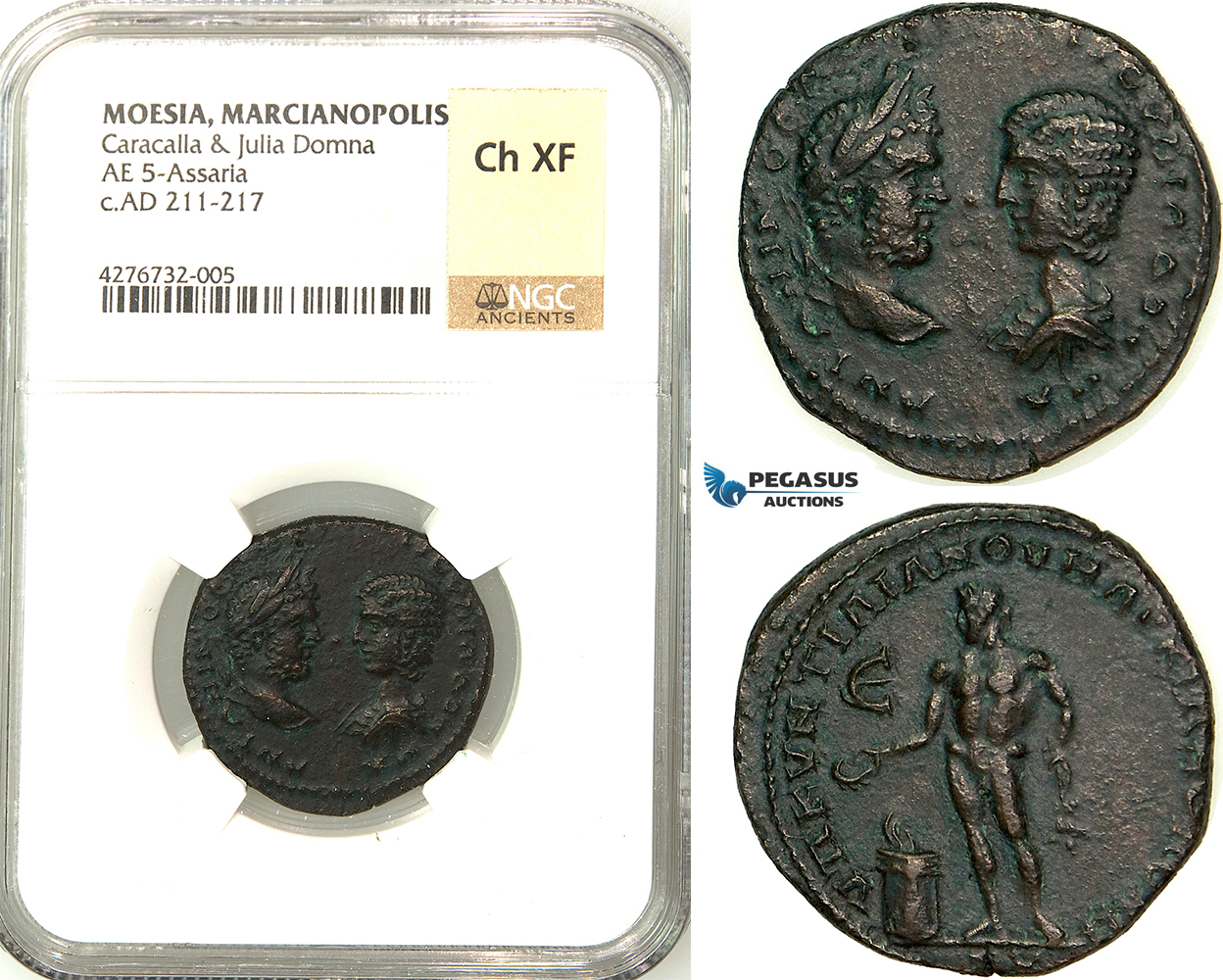 Z15, Roman Provincial, Moesia Inferior, Marcianopolis, Caracalla (198-217 AD) with Julia Domna, Æ Pentassarion (9.82g) Quintillianus, legatus consularis, 215 AD, Apollo, NGC Ch XF, Rare!