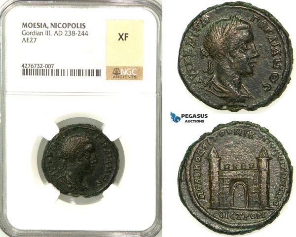 Z17, Roman Provincial, Moesia Inferior, Nicopolis ad Istrum, Gordian III (238-244 AD) Æ 27 (12.43g) Sabinius Modestus, legatus consularis., City Gate, NGC XF, Rare!