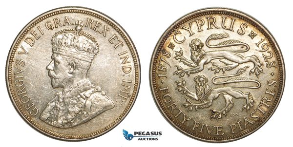 Z41, Cyprus, George V, 45 Piastres 1928, London, Silver, Cleaned XF