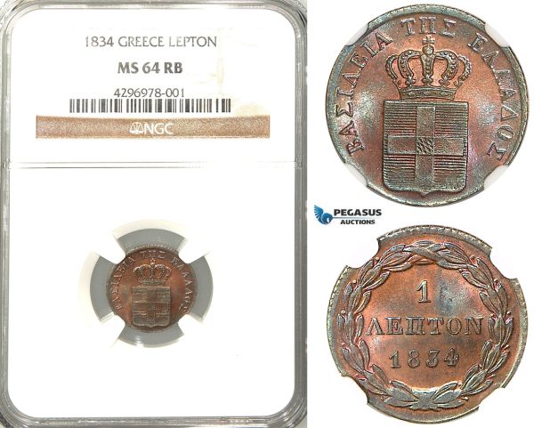 Z44, Greece, Othon, Lepton 1834, Munich, NGC MS64RB, Pop 2/1, Very Rare!