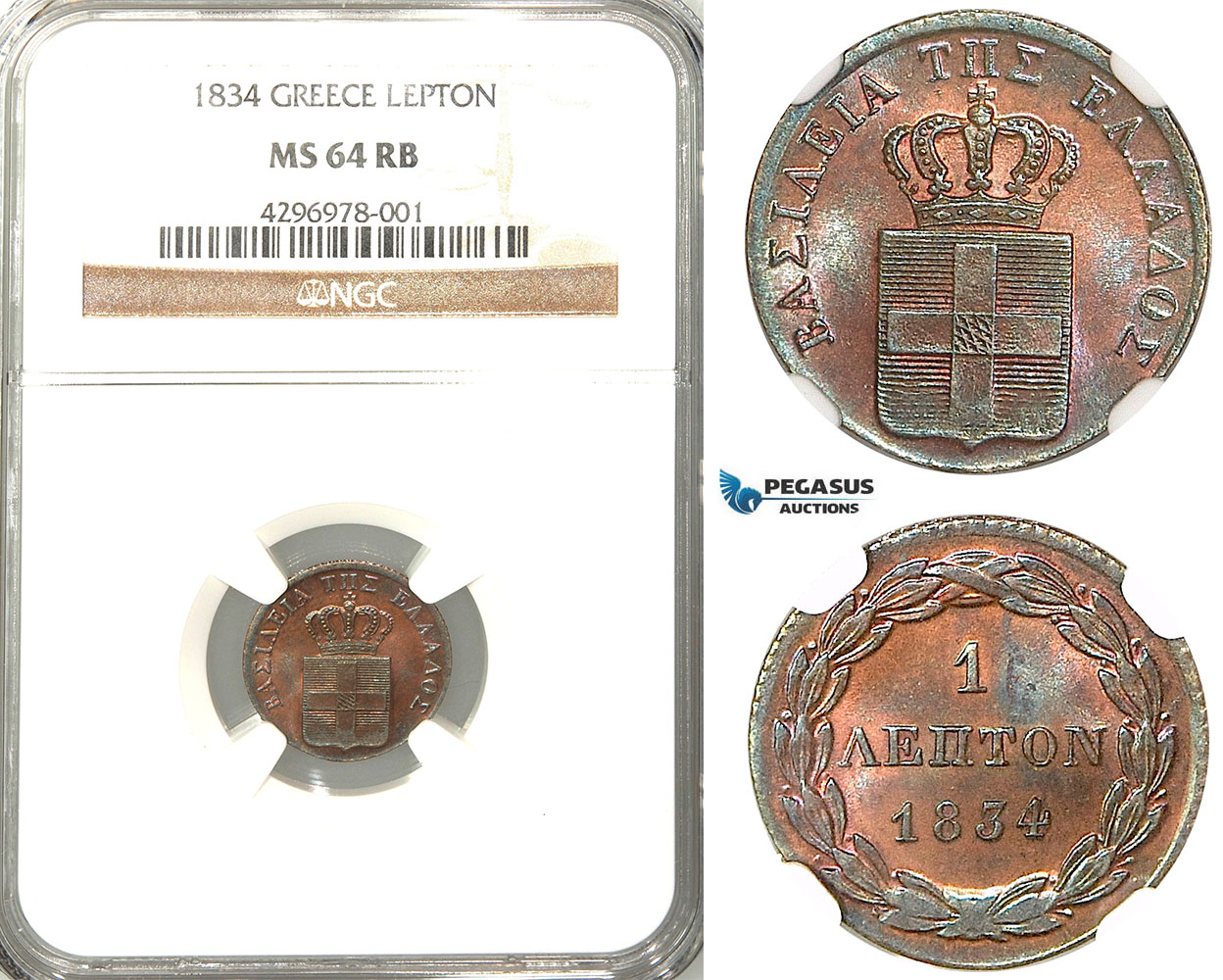 Z44, Greece, Othon, Lepton 1834, Munich, NGC MS64RB, Pop 2/1, Very Rare!