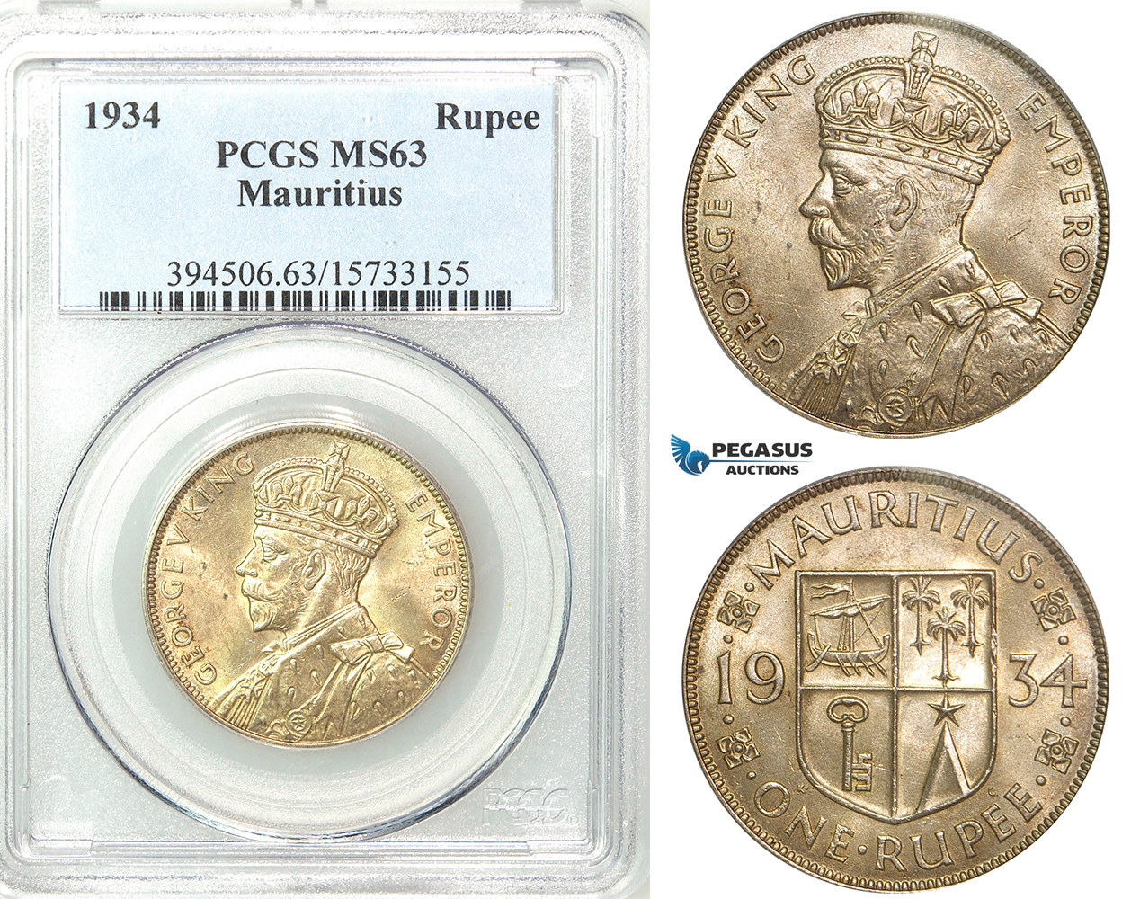 Z48, Mauritius, George V, 1 Rupee 1934, Silver, PCGS MS63