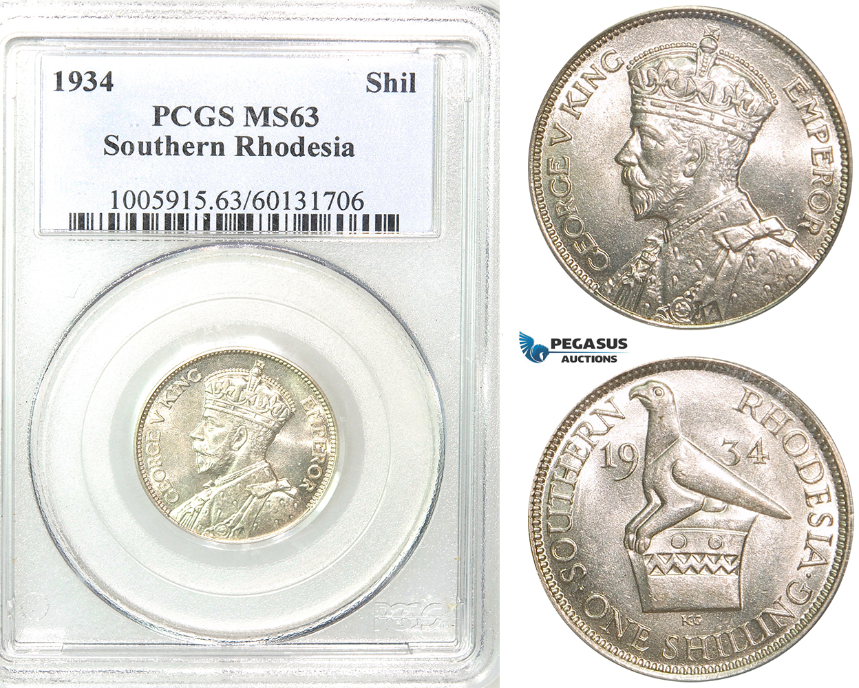 Z52, Southern Rhodesia (Zimbabwe) George V, 1 Shilling 1934, Silver, PCGS MS63, Rare!
