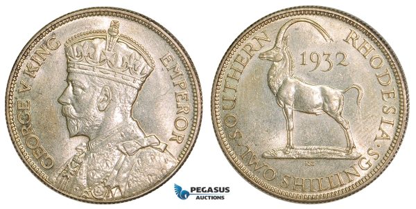Z54, Southern Rhodesia (Zimbabwe) George V, 2 Shillings 1932, Silver, AU-UNC