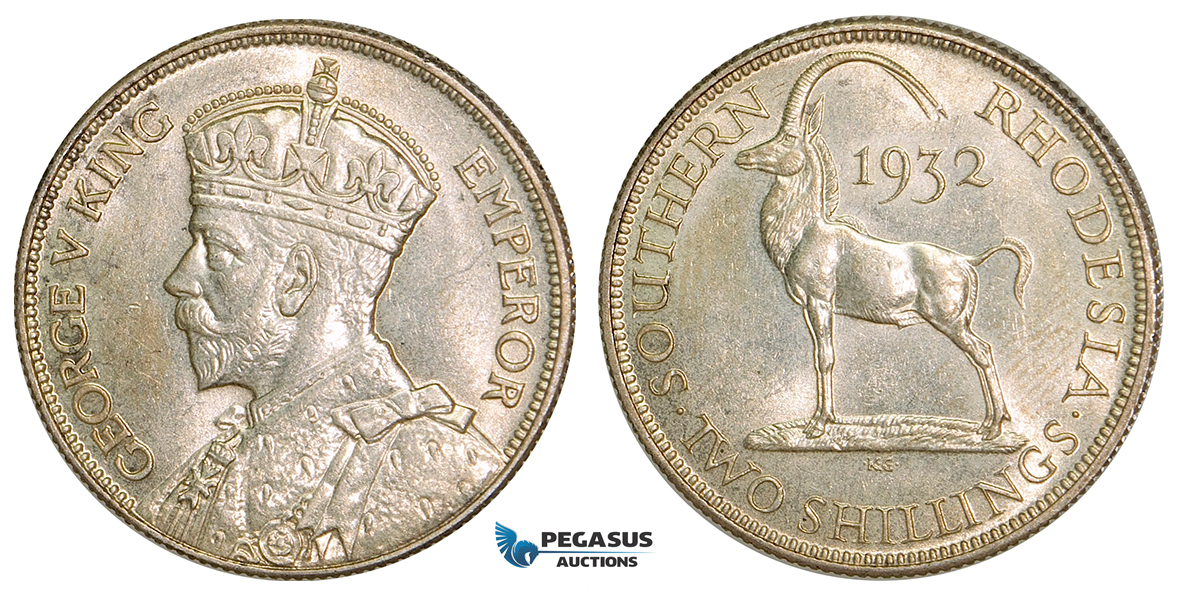 Z54, Southern Rhodesia (Zimbabwe) George V, 2 Shillings 1932, Silver, AU-UNC