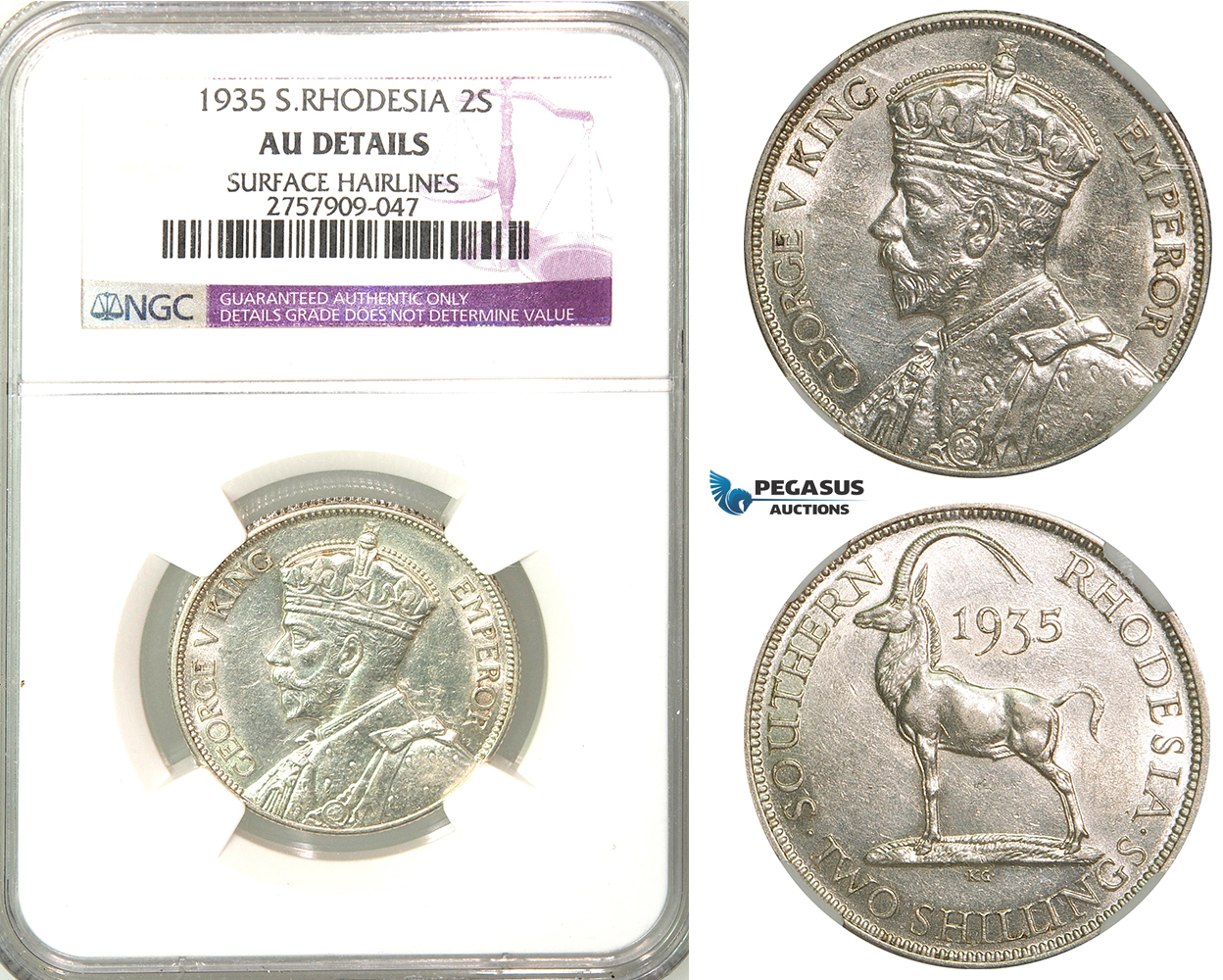 Z55, Southern Rhodesia (Zimbabwe) George V, 2 Shillings 1935, Silver, NGC AU Det.