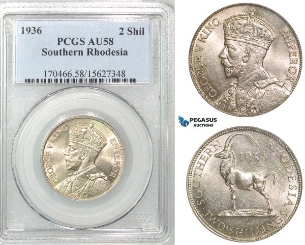 Z56, Southern Rhodesia (Zimbabwe) George V, 2 Shillings 1936, Silver, PCGS AU58
