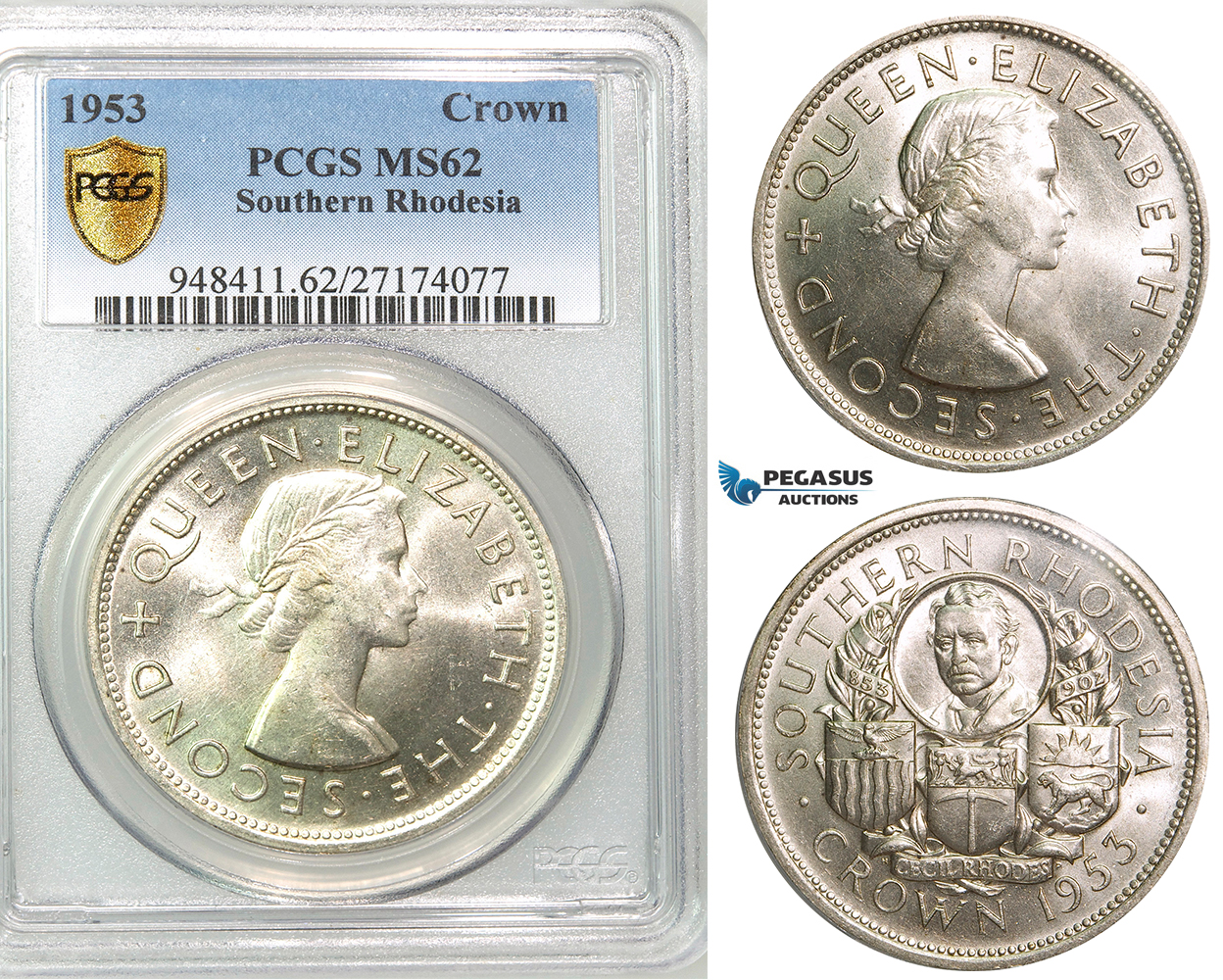 Z58, Southern Rhodesia (Zimbabwe) Crown 1953 (Cecil Rhodes) Silver, PCGS MS62