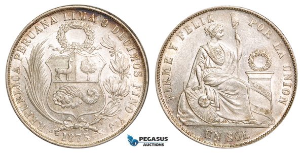Z82, Peru, 1 Sol 1875 YJ, Lima, Silver, White AU-UNC