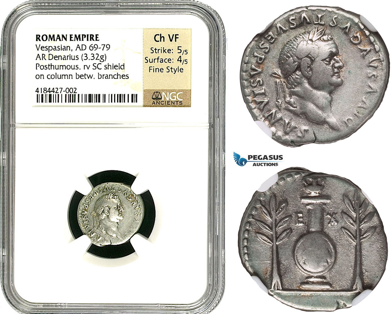 Z84, Roman Empire, Divus Vespasian (died AD 79). AR denarius (3.32 g) Rome, struck under Titus (80-81 AD) NGC Ch VF Fine Style