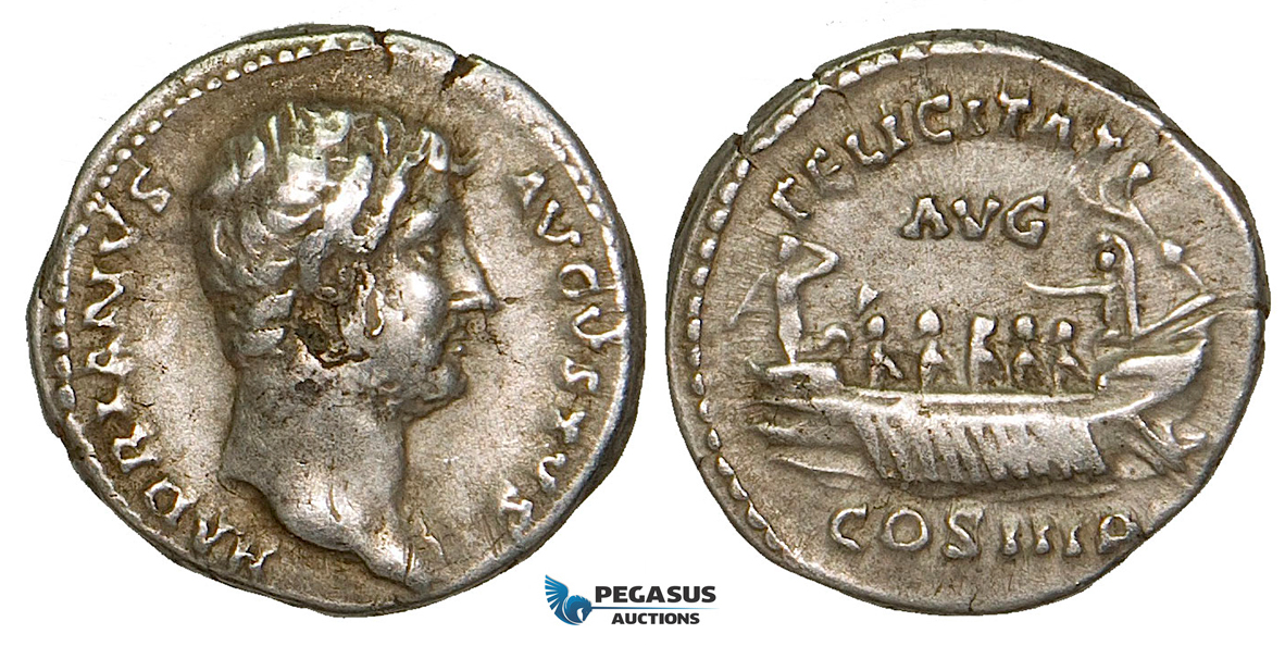 Z93, Roman Empire, Hadrian (117-138 AD) AR Denarius (3.35g) Rome (132-135 AD) Galley, Good VF