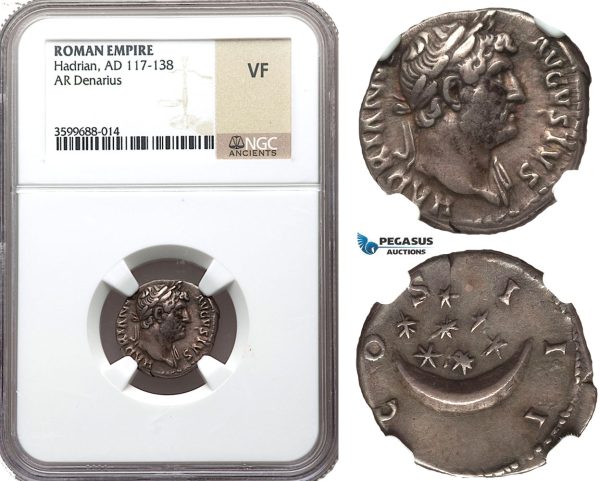 Z97, Roman Empire, Hadrian (117-138 AD) AR Denarius (3.11g) Rome (125-128 AD) Crescent/Stars, NGC VF