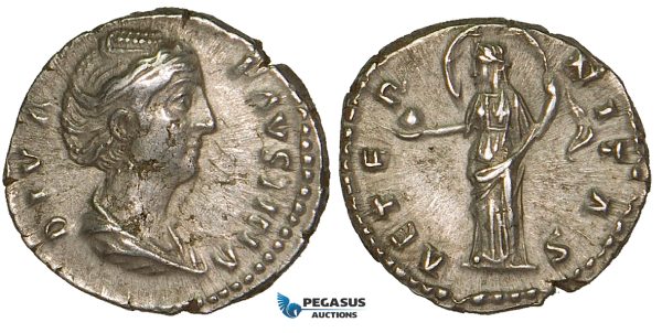 ZA02, Roman Empire, Diva Faustina Senior. (Died 140/1 AD) AR Denarius (3.14g) Rome (after 141 AD) Providentia, aEF
