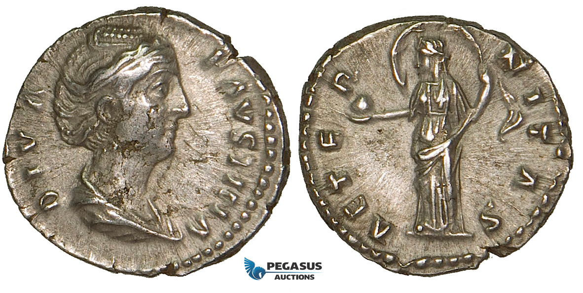 ZA02, Roman Empire, Diva Faustina Senior. (Died 140/1 AD) AR Denarius (3.14g) Rome (after 141 AD) Providentia, aEF