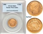 ZA14, Danish West Indies, Christian IX, 4 Daler/20 Francs 1905, Copenhagen, Gold, PCGS MS64