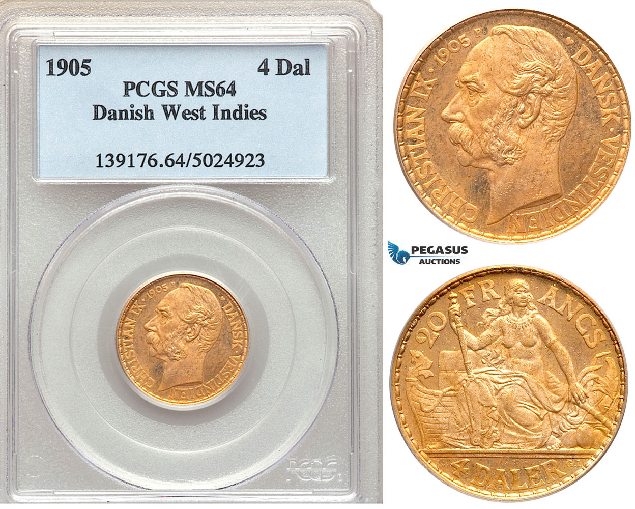 ZA14, Danish West Indies, Christian IX, 4 Daler/20 Francs 1905, Copenhagen, Gold, PCGS MS64