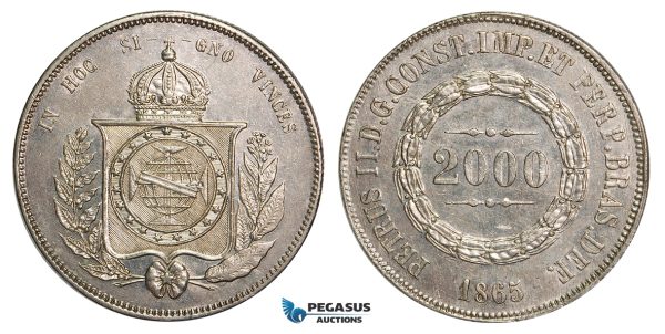 ZA31, Brazil, Pedro II, 2000 Reis 1865, Silver, Luster, Light Cleaning, AU