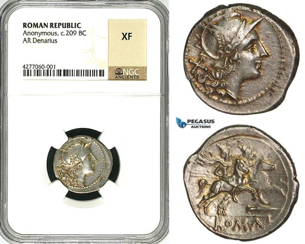 ZA34, Roman Republic, Anonymous (211-208 BC) AR Denarius (4.33g) Rome, Dioscuri, NGC XF