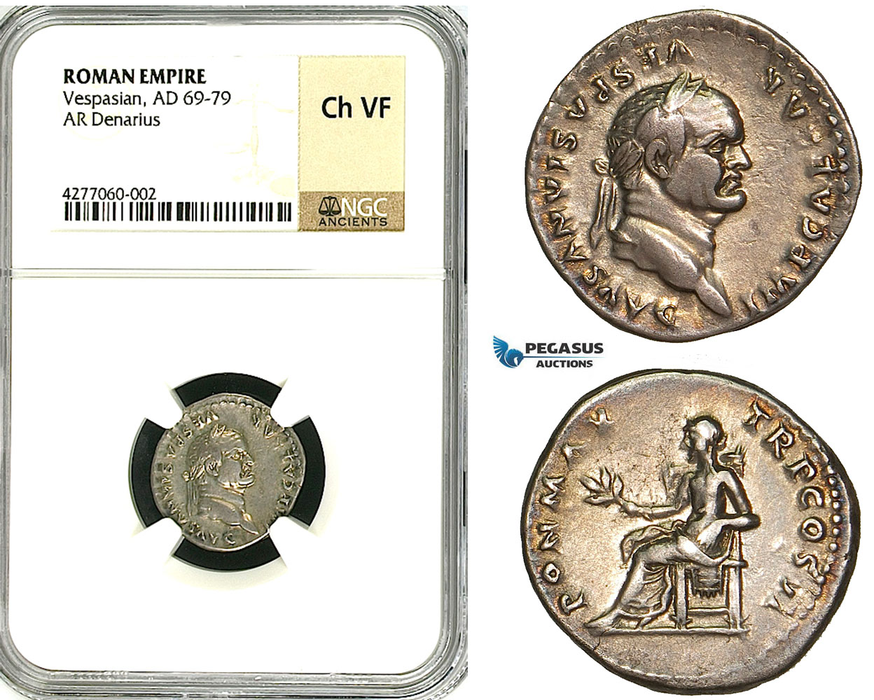 ZA35, Roman Empire, Vespasian (69-79 AD) AR Denarius (2.91g) Rome, 75 AD, Pax, NGC Ch VF