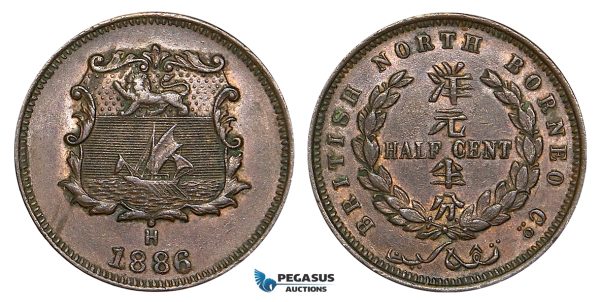 ZA38, British North Borneo, 1/2 Cent 1886-H, Heaton, Nice!