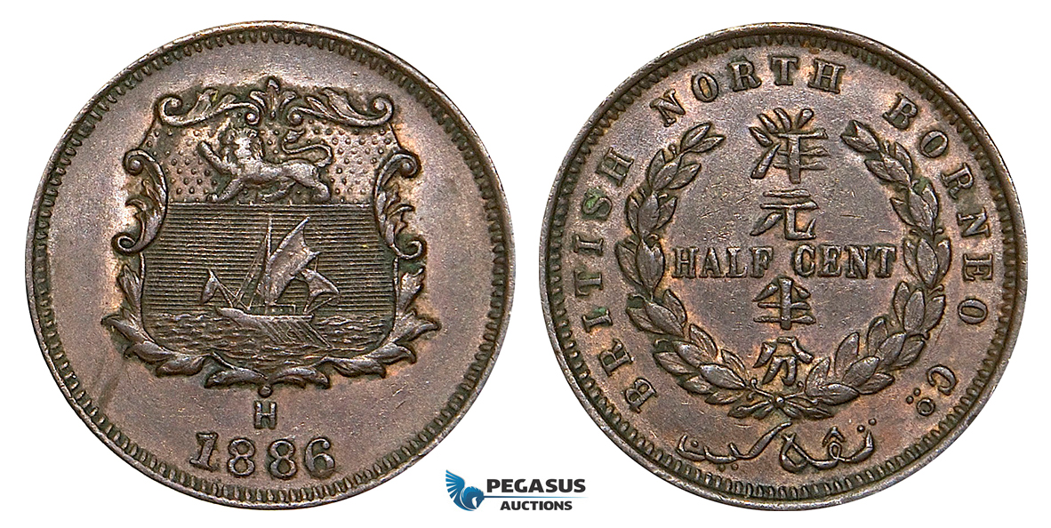 ZA38, British North Borneo, 1/2 Cent 1886-H, Heaton, Nice!