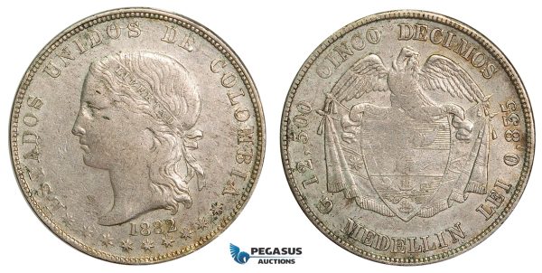 ZA43, Colombia, 5 Decimos 1882, Silver, Medellin, Nice!