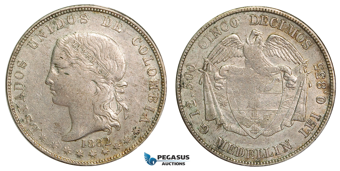 ZA43, Colombia, 5 Decimos 1882, Silver, Medellin, Nice!