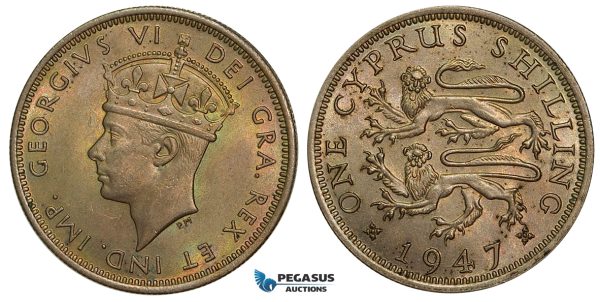 ZA44, Cyprus, George VI, Shilling 1947, Toned High Grade!
