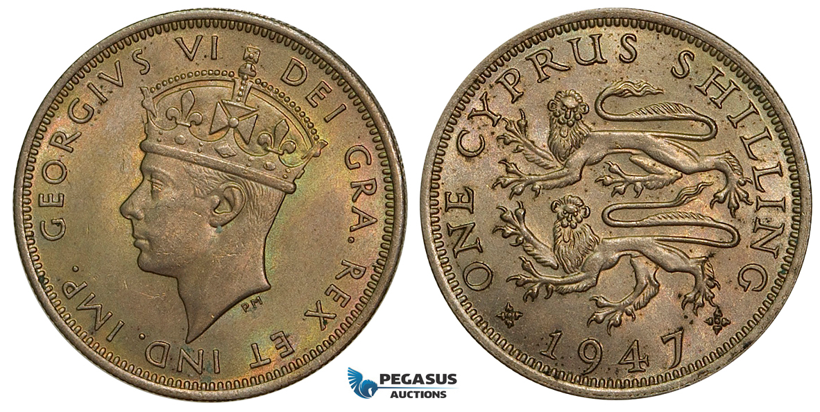 ZA44, Cyprus, George VI, Shilling 1947, Toned High Grade!