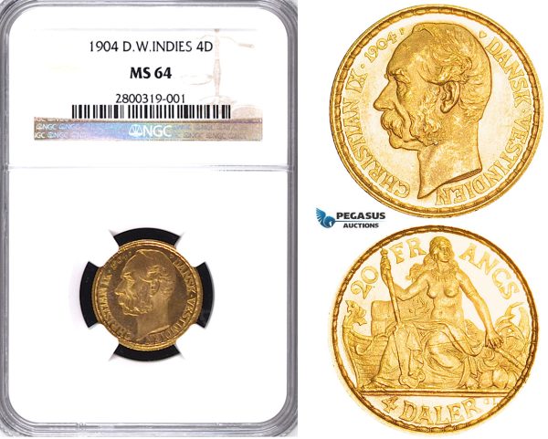ZA45, Danish West Indies, Christian IX, 4 Daler/20 Francs 1904, Copenhagen, Gold, NGC MS64 (PL Fields)