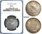 ZA57, Brazil, 2000 Reis 1907, Silver, NGC MS61