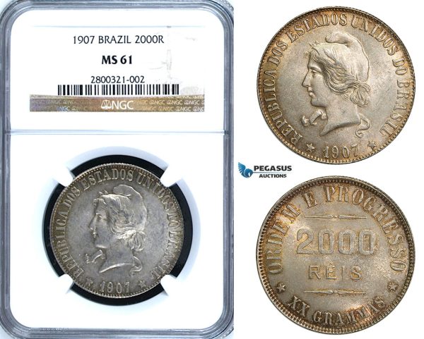 ZA57, Brazil, 2000 Reis 1907, Silver, NGC MS61
