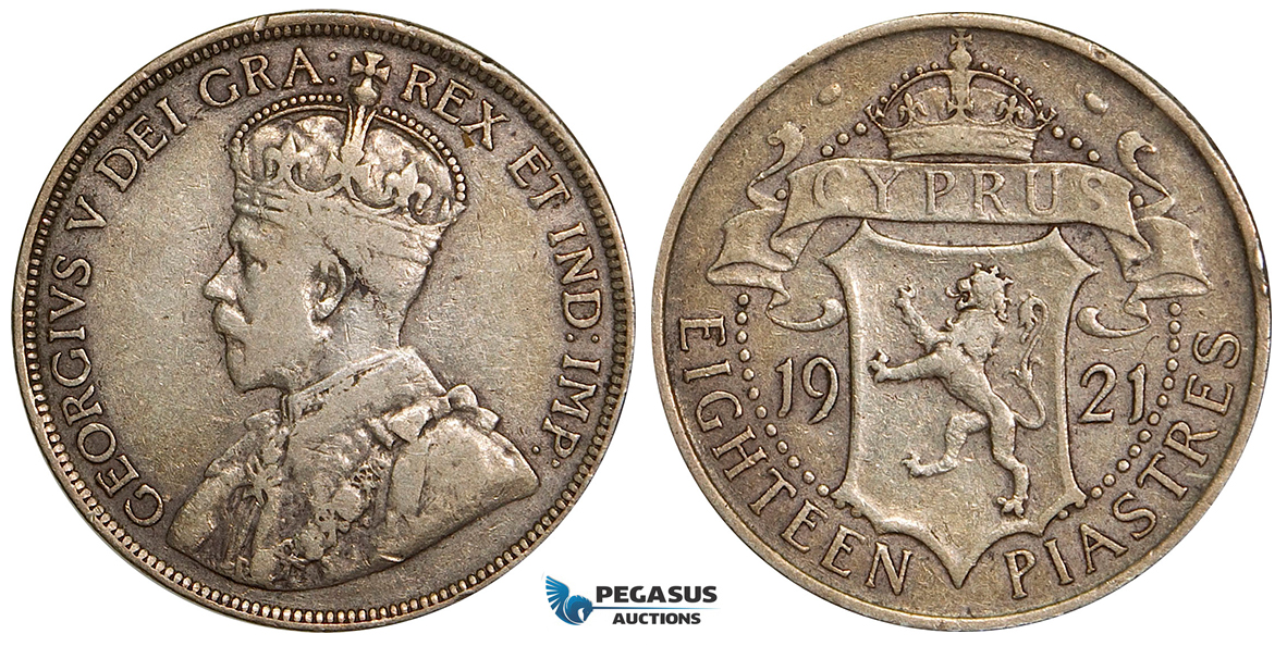 ZA59, Cyprus, George V, 18 Piastres 1921, Silver, F-VF
