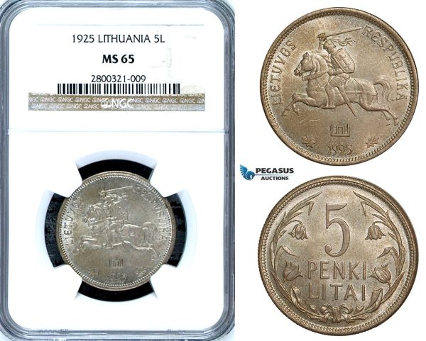 ZA62, Lithuania, 5 Litai 1925, Silver, NGC MS65