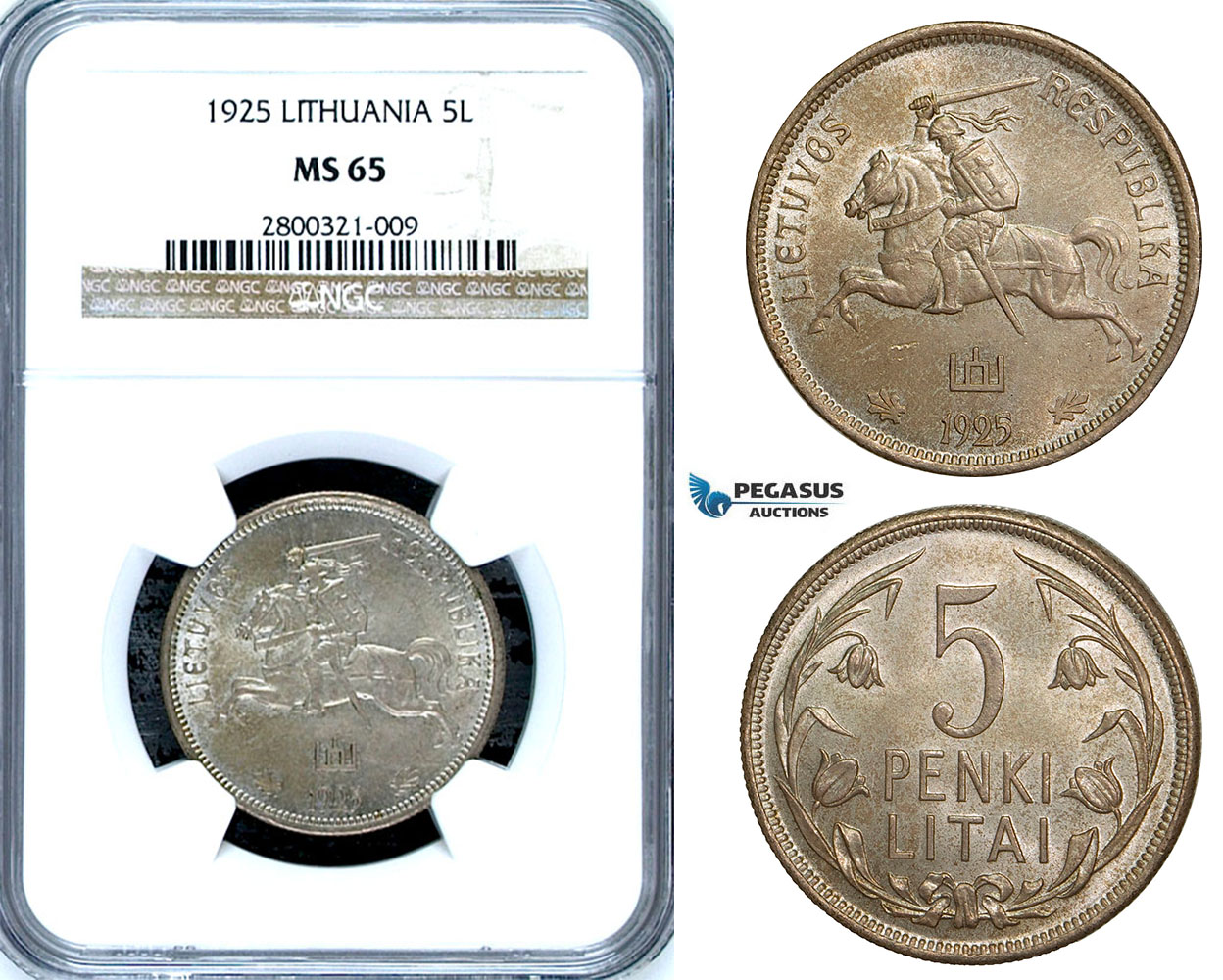 ZA62, Lithuania, 5 Litai 1925, Silver, NGC MS65