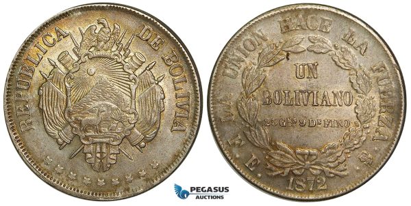 ZA65, Bolivia, 1 Boliviano 1872-PTS, Potosi, Silver, Toned UNC