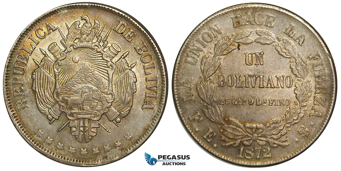 ZA65, Bolivia, 1 Boliviano 1872-PTS, Potosi, Silver, Toned UNC