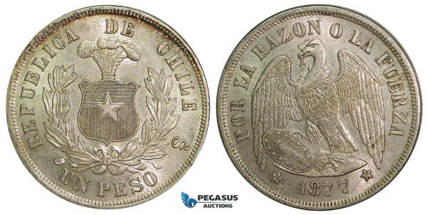 ZA67, Chile, 1 Peso 1877-So, Santiago, Silver, AU-UNC with lustre!