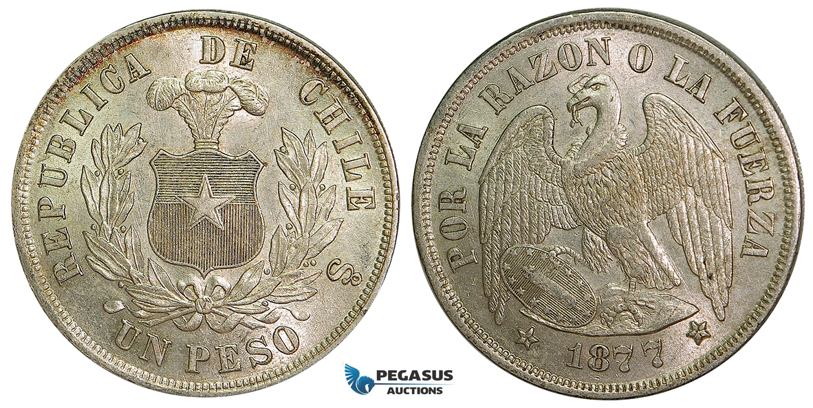 ZA67, Chile, 1 Peso 1877-So, Santiago, Silver, AU-UNC with lustre!