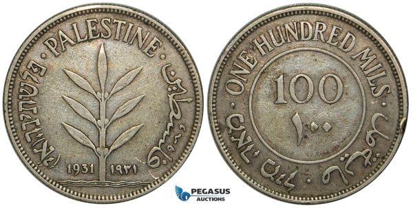 ZA79, Palestine, 100 Mils 1931, Silver, F-VF, Edge Knick, Rare date!