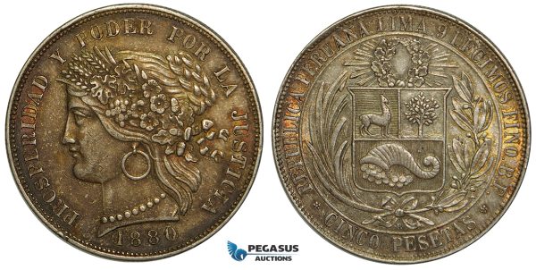 ZA80, Peru, 5 Pesetas 1880-B BF, Lima, Silver, aUNC with Rainbow toning!