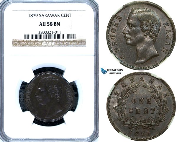 ZA87, Sarawak, C. Brooke Rajah, 1 Cent 1879, Heaton, NGC AU58BN
