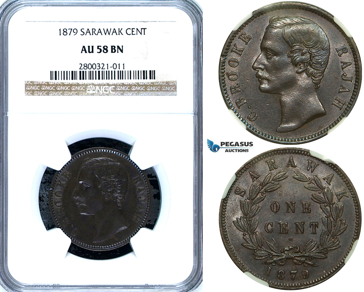 ZA87, Sarawak, C. Brooke Rajah, 1 Cent 1879, Heaton, NGC AU58BN
