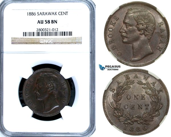 ZA88, Sarawak, C. Brooke Rajah, 1 Cent 1886, Heaton, NGC AU58BN