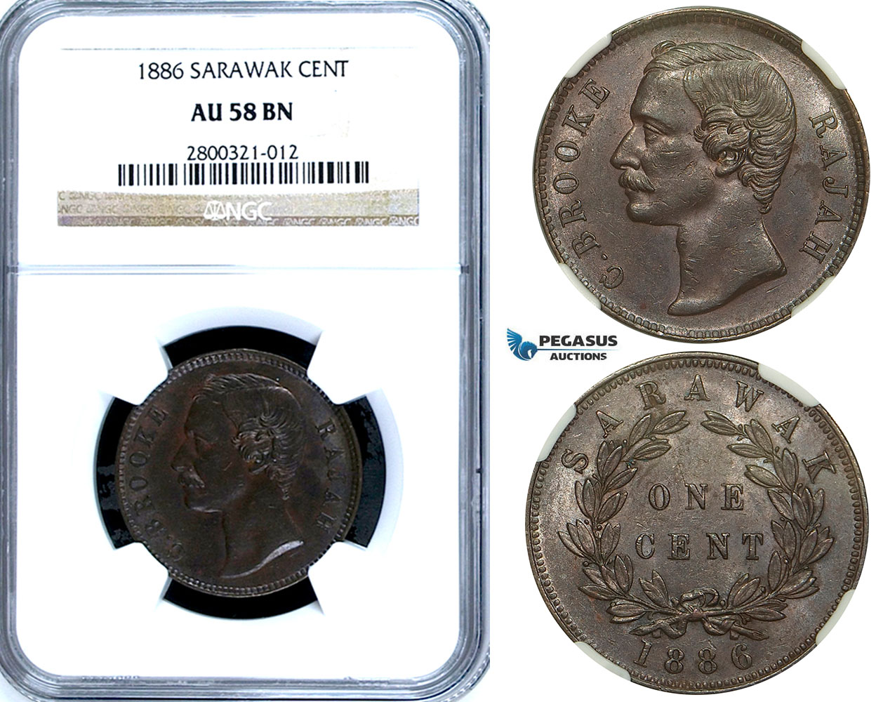 ZA88, Sarawak, C. Brooke Rajah, 1 Cent 1886, Heaton, NGC AU58BN