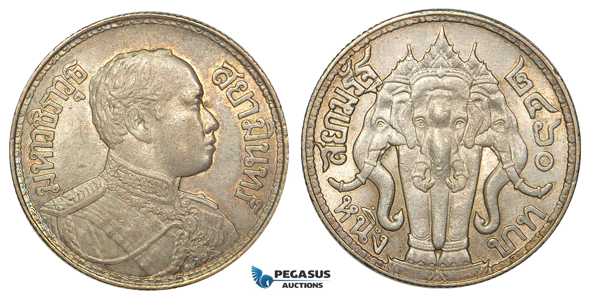 ZA89, Thailand, Rama VI, Baht BE2460 (1917) Silver, Lustrous aUNC
