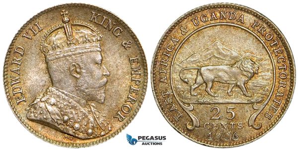 ZA96, East Africa & Uganda Protectorates, Edward VII, 25 Cents 1906, Silver, Toned UNC